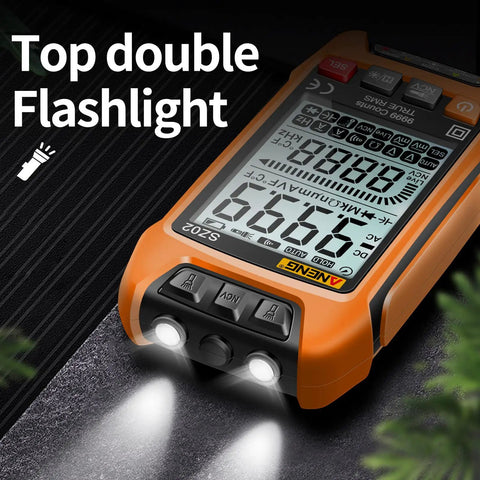 Versatile Digital Multimeter With Auto Ranging And TRMS 9999 Counts with double flashlight feature illuminated on table.
