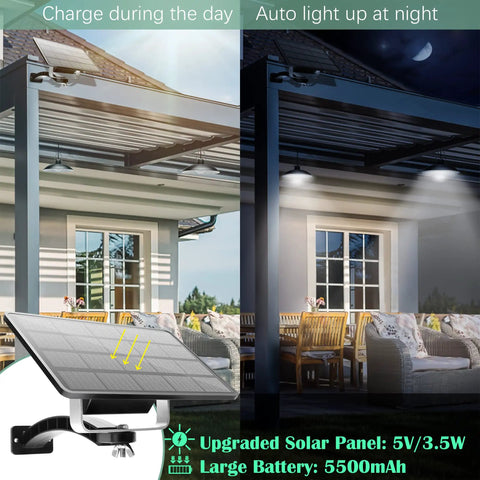 Dual Head Solar Pendant Lights For Shed And Outdoor Use IP65 Waterproof LED Hanging Lighting shown in day and night use
