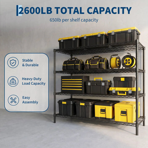 Solid Build Top Tier Heavy Duty Four Tier Metal Wire Shelving Rack With Rust Resistant Powder Coated Steel Frame For Tough Garage Storage And Apartment Setup displaying tool boxes and bags.