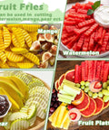 Fruit platter collage with crinkle-cut mango, watermelon, pear slices and citrus arranged on boards