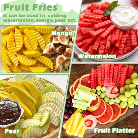 Fruit platter collage with crinkle-cut mango, watermelon, pear slices and citrus arranged on boards