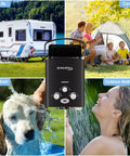 On Demand Portable Propane Tankless Water Heater 6L 1.57GPM displayed with RV, camping, pet bath, and outdoor shower scenes.