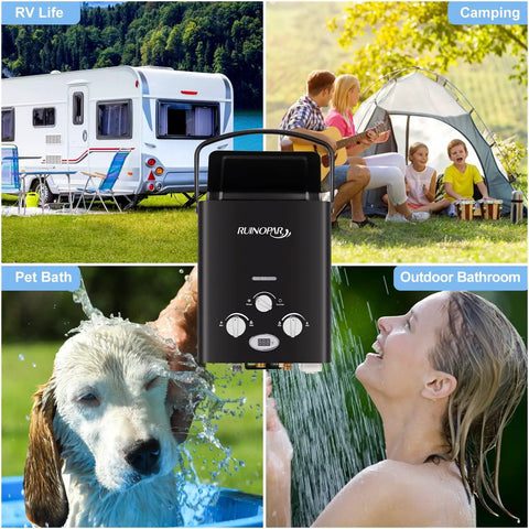 On Demand Portable Propane Tankless Water Heater 6L 1.57GPM displayed with RV, camping, pet bath, and outdoor shower scenes.