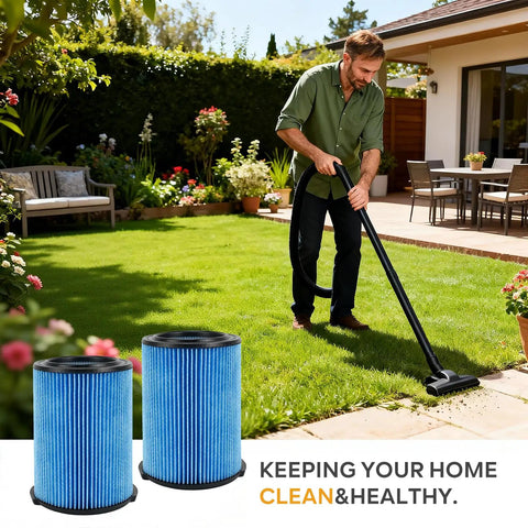 Man using vacuum in garden with Vf5000 Replacement Filter For 5-20 Gallon Wet Dry Vacuums 2 Pack With 4 Foam Sleeves And 1 Brush shown