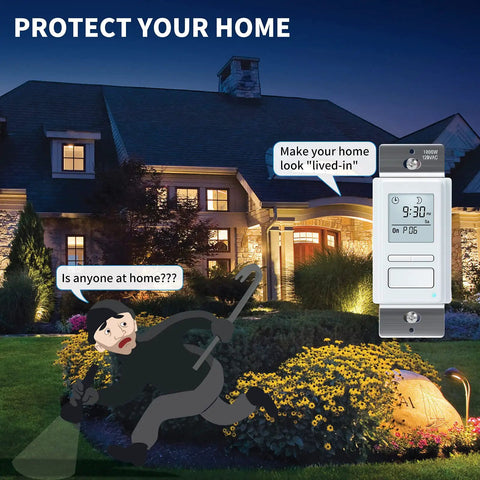 7 Day Programmable In Wall Timer Switch For Lights And Fans With Sunrise Sunset Auto Control And Random Security Mode Digital LCD Display Indoor Use 49 On Off Programs Neutral Wire Required displayed next to lit house
