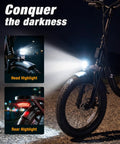 Foldable Electric Bike for Adults With 1200W Peak Motor headlight illuminating dark road at night