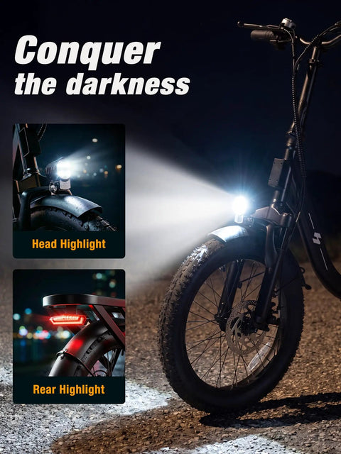 Foldable Electric Bike for Adults With 1200W Peak Motor headlight illuminating dark road at night