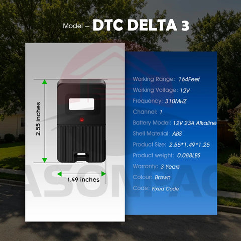 Delta 3 Garage Door Remote Replacement 310MHz With 8 Dip Switches For DT DTA DTD DTC DNT00002A 5 Year Warranty Industrial Grade Chip Easy Install And Reliable Performance dimensions 2.55x1.49 inches