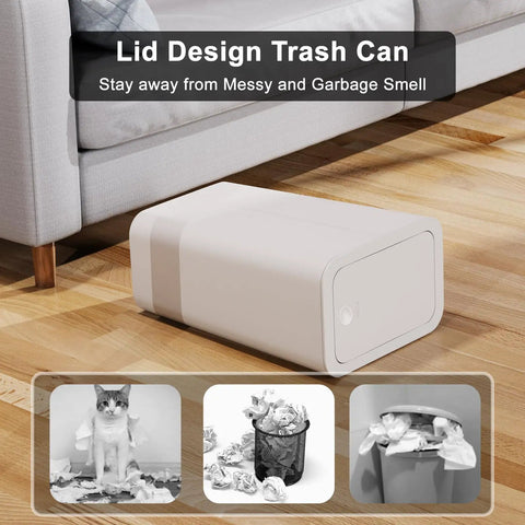 Off white trash can with pop up lid from Three Pack 10L Small Trash Cans With Lids Pop Up Lid Space Saving Slim Waste Baskets.