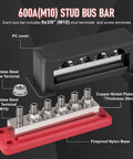 Image showing Two Pack 600 Amp Bus Bar Power Distribution Block For 12 To 48 Volt Systems Marine Boat RV And Automotive Use With Waterproof Cover Quick Mount Six M10 Studs Red And Black Terminal Block components.