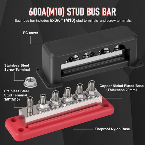 Image showing Two Pack 600 Amp Bus Bar Power Distribution Block For 12 To 48 Volt Systems Marine Boat RV And Automotive Use With Waterproof Cover Quick Mount Six M10 Studs Red And Black Terminal Block components.