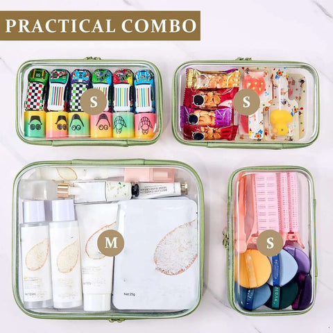Heavy Duty Clear Hard Shell Zipper Pouches Built Different Stackable Travel Organizers For Toiletries Makeup Gear And Daily Essentials Smart Durable Packing Cases with assorted sizes and contents.