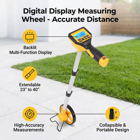 Smooth Roll Digital Measuring Wheel With Zero Hassle Readout Quick Switchable Foot Or Meter Units For Straight Shot Accuracy On Any Construction Site Or Backyard Tally