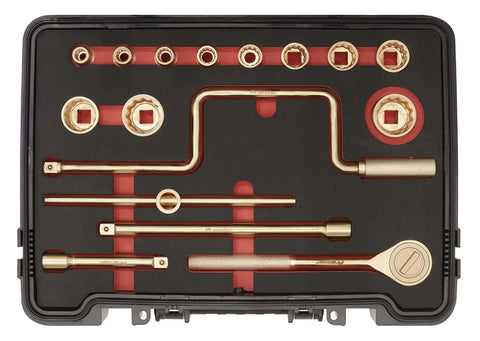 Rigged Out 17 Piece Half Inch Square Drive Socket Set Crafted From DropForged Beryllium Copper For Badass Zero Spark Action And Ultimate Job Site Flex With Ratchet Extensions And Hard Case inside a toolbox.