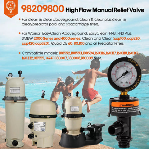 DearChan 98209800 high-flow manual relief valve with gauge; front view with four pool filter tanks visible.