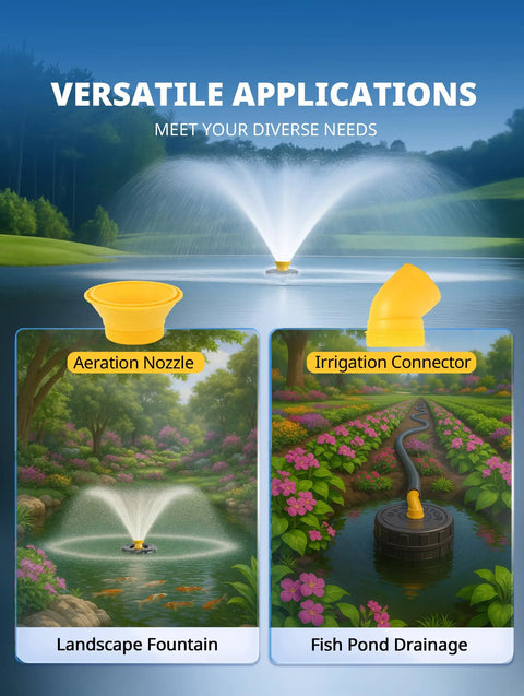 1 HP Pond Fountain Pump With Timer And 15000 GPH Flow, irrigation connector and aeration nozzle with dual spray patterns