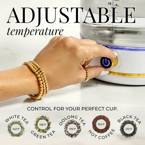 High Temperature Control Electric Kettle With 1500W Rapid Boil And Keep Warm Function Glass Body BPA Free Design White And Gold Finish