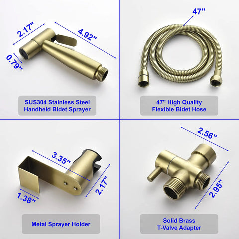 Handheld Bidet Sprayer For Toilet In SUS304 Stainless Steel Brushed Gold Kit With 47 Inch Hose Brass Seven Eighth Inch T Valve