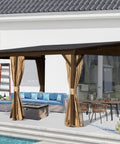 12x16 Ft Lean To Gazebo With Hardtop Roof For Patio And Backyard, Wall Mounted Outdoor Shelter With Sloping Galvanized Steel Roof, Lightweight Aluminum Frame, Built In Drainage, Curtains And Netting, Perfect Patio Den installed by poolside.