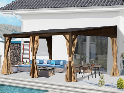 12x16 Ft Lean To Gazebo With Hardtop Roof For Patio And Backyard, Wall Mounted Outdoor Shelter With Sloping Galvanized Steel Roof, Lightweight Aluminum Frame, Built In Drainage, Curtains And Netting, Perfect Patio Den installed by poolside.
