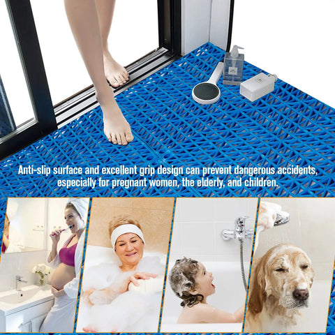 Person standing on blue 12 Piece Interlocking Drainage Mat Tiles For Garage, Deck, Pool And Outdoor Indoor Floors, Cushioned Non Slip PVC
