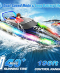 RC Boat With LED Lights For Pools And Lakes, Dual Speed Remote Control Watercraft, Self Righting, Waterproof, Blue boat on water