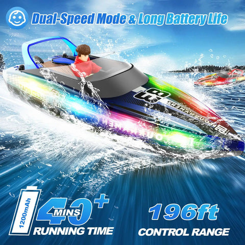 RC Boat With LED Lights For Pools And Lakes, Dual Speed Remote Control Watercraft, Self Righting, Waterproof, Blue boat on water