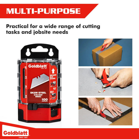 Premium Tempered SK2M Utility Blades 100 Pack With Dual Dispenser shown with box cutting and measurement use