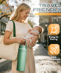 Mama Approved Portable Breast Milk Cooler Bottle Includes Two 11 Oz Baby Bottles 22 Oz Insulated Grab And Go Chiller Keeps Pumped Milk Ice Cold For Travel On The Fly held by a smiling mom with baby.