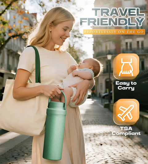 Mama Approved Portable Breast Milk Cooler Bottle Includes Two 11 Oz Baby Bottles 22 Oz Insulated Grab And Go Chiller Keeps Pumped Milk Ice Cold For Travel On The Fly held by a smiling mom with baby.