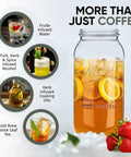 Go-To Wide Mouth Mason Jar Cold Brew Maker And Tea Infuser Stainless Steel Filter 64oz with iced tea and lemon slices