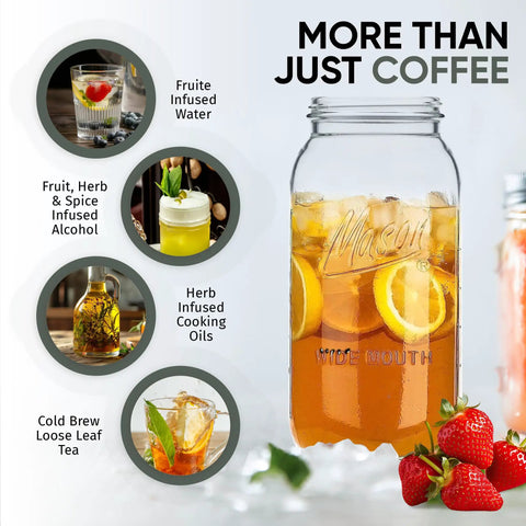 Go-To Wide Mouth Mason Jar Cold Brew Maker And Tea Infuser Stainless Steel Filter 64oz with iced tea and lemon slices