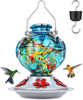 Hand Blown Glass Hummingbird Feeder For Outdoors Hanging With Bee Proof Ports And Ant Moat 360 Degree Perch Leak Proof 22oz Blue Peony