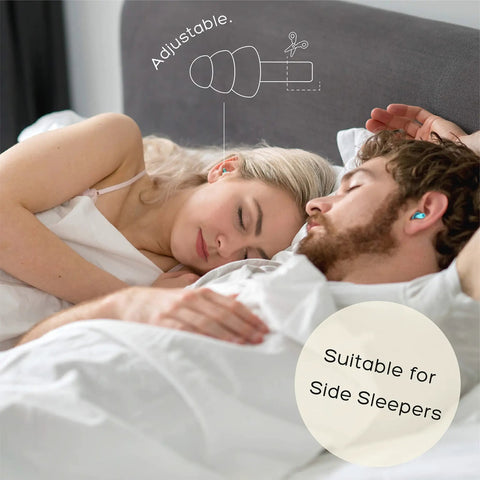 Two people wearing soft silicone ear plugs for sleep and noise reduction, adjustable fit, suitable for side sleepers, in bed.