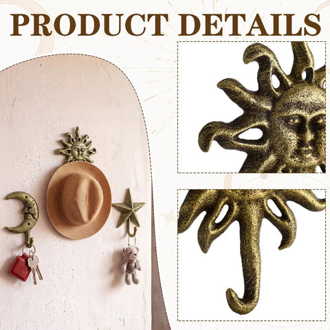 Three Pack Vintage Cast Iron Wall Hooks In Dark Gold Antique Finish Featuring Sun Moon Star Celestial Shapes With Included Screws