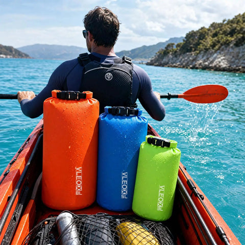 Kayaker with Ultralight Dry Bag Set With Roll Top Closure Waterproof Sacks For Hiking Camping Kayaking 3Pack 3L 5L 8L