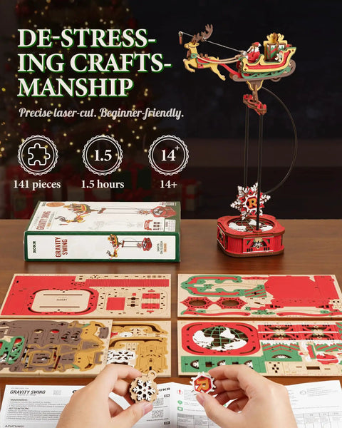 3D Wooden Puzzle Gravity Swing Santa On Sleigh Desktop Decor With Dynamic Balance For The Holidays, Festive Puzzle Gift For The Fam And Friends, Fun Desk Ornament That Swings Smoothly Into Perfect Equilibrium. 141-piece wooden kit with assembled Santa sleigh and parts