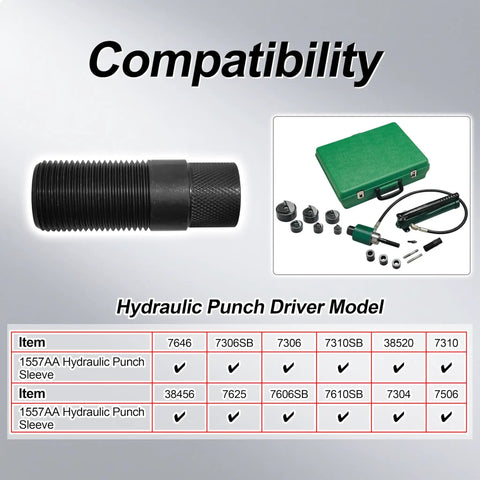 Compatibility chart for 1557AA Hydraulic Punch Sleeve Replacement For 1557AA Systems Fits Slug Buster And Slug Splitter Punches
