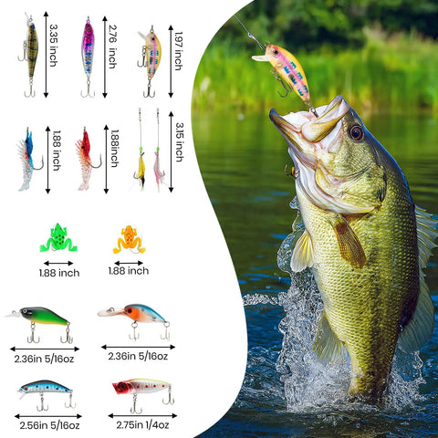 24 Piece Fishing Lure Kit Tackle Box Set With Bass Lures Variety Pack Poppers Minnows Frogs Soft Baits Spoons in action