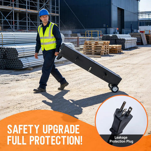 Man with safety vest transporting Heavy Duty Electric PVC Pipe Heater Bender For 1/2 To 4 Inch Conduit on a job site.