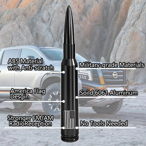 Black Patriotic Flag Bullet Antenna With Valve Stem Caps For Trucks shown on vehicle, solid 6061 aluminum, universal fit.