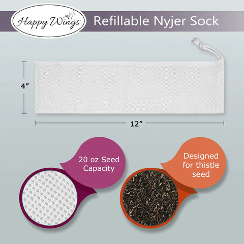 Refillable Nyjer Thistle Sock Feeder With Three Socks, Easy Fill, Durable Mesh Design That Attracts Finches And Wild Birds, Ideal For Year Round Use, Pack Of 1 displayed with seed capacity and thistle seed design details.
