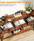 Heavy Duty 47 Inch Console Table With Upgraded Fabric Drawers And Spacious Three Tier Open Shelving Goes Smooth Behind Your Couch For Quick Living Room Update Rustic Brown Design with three fabric drawers and decorative items on top.