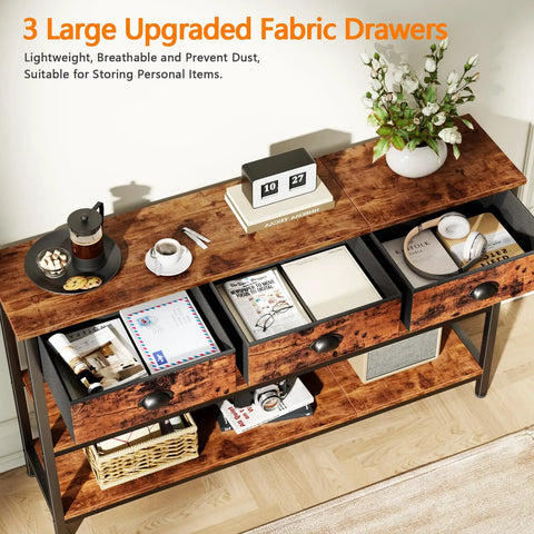 Heavy Duty 47 Inch Console Table With Upgraded Fabric Drawers And Spacious Three Tier Open Shelving Goes Smooth Behind Your Couch For Quick Living Room Update Rustic Brown Design with three fabric drawers and decorative items on top.