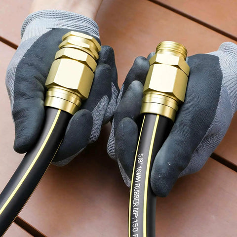 Hands holding Heavy Duty Garden Hose Repair Kit For Five Eighths Inch Hoses With Aluminum End Fittings Male And Female Connectors