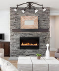 Living room with Addison 4-Light Dropped Track Lighting With Flat Opal Glass Shades In Oil Rubbed Bronze above fireplace