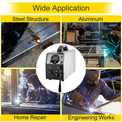 Wide applications of 6 In 1 200 Amp MIG Welder With Flux Core TIG MMA Semi Auto Welding Machine in steel, aluminum, repair.