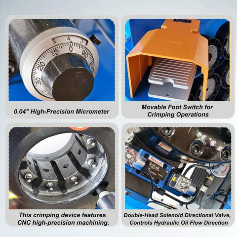 Top Shelf Heavy Duty Electric Hydraulic Hose Crimper With Precision Micrometer Scale And Thirteen Die Sets For Smoothly Crushing Zero Point Five Five To Two Point Seven Inch Fittings Fast With Four Eighty Volt Power displaying 0.04" micrometer and movable foot switch.