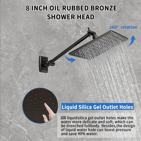 Oil Rubbed Bronze Bath Faucet Set With High Pressure 8-Inch Square Rain Shower Head installed on gray tile wall