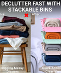 4 Pack Stackable Open Front Storage Bins For Pantry Organization And Kitchen Storage Durable Plastic Bins For Food Dorm Room Essentials And Home Organization With Deep Design For Narrow Shelves showing before and after use with folded clothes.